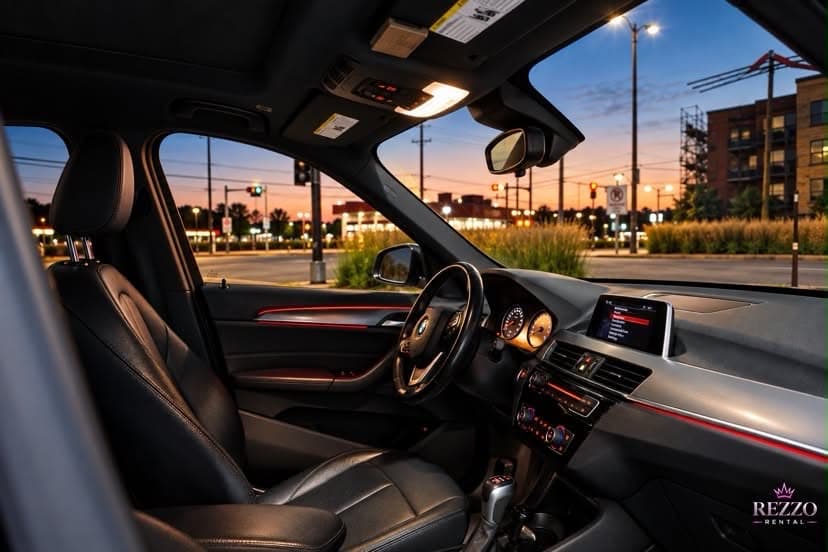 Intérieur du BMW X1 au coucher du soleil