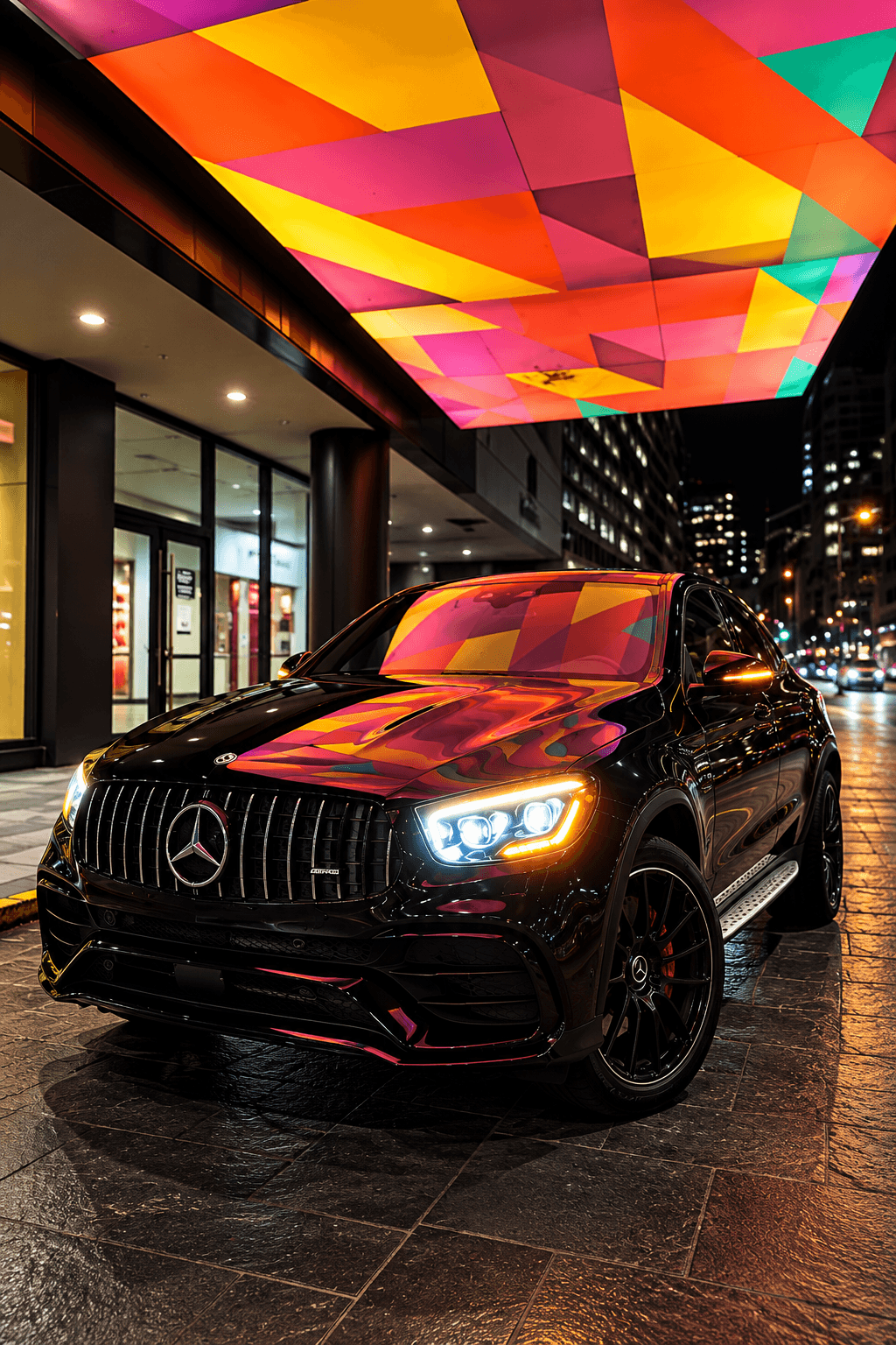 Mercedes-AMG GLC 43 noir, vue avant trois quarts, de nuit sous un plafond lumineux géométrique